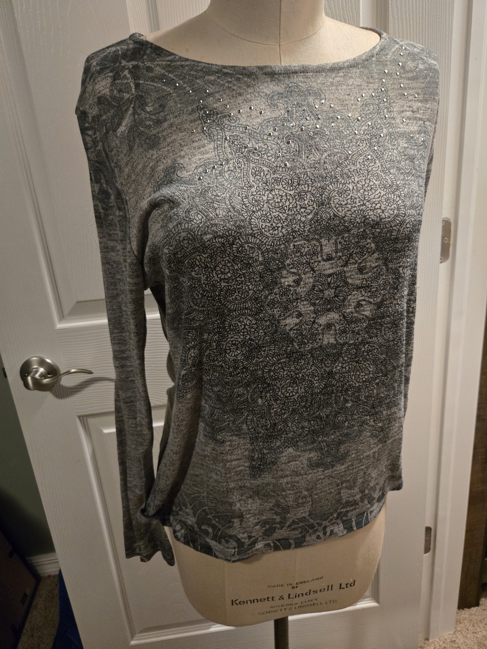 White Stag Gray Long Sleeve Top with Rhinestone Accents